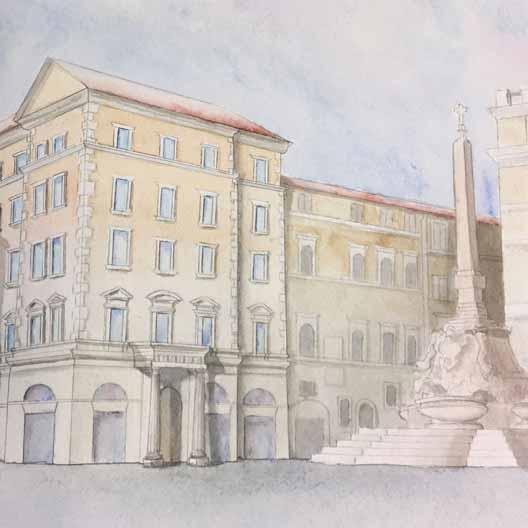 A watercolor of a building with a monument nearby
